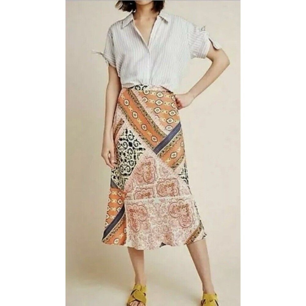 Anthropologie Bias Satin Fit Flare Midi Skirt 6 Multicolor 90s Slip Skirt Party